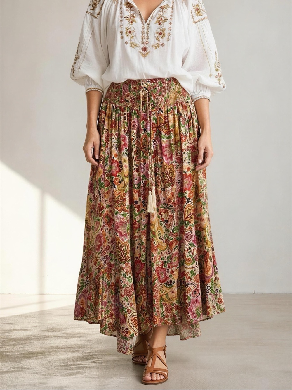 Cynthia Rowley Floral Paisley Maxi Skirt in Cream, Pink, Green, Brown